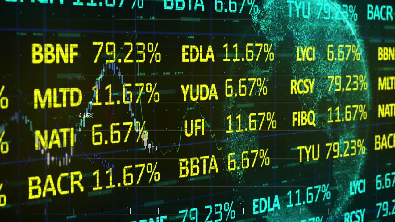 Animation of financial and stock market data processing over globe against black background