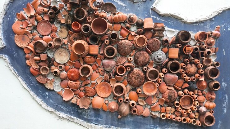 Close-up of terracotta ceramic mosaic wall art at Koh Kret, Nonthaburi, showcasing traditional Mon craftsmanship.