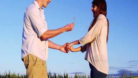 man offering flower to woman in field