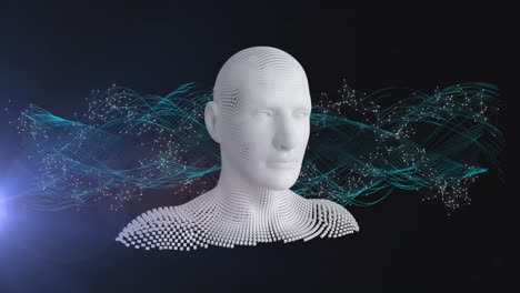 animación de busto humano formado con partículas grises con cadena de adn