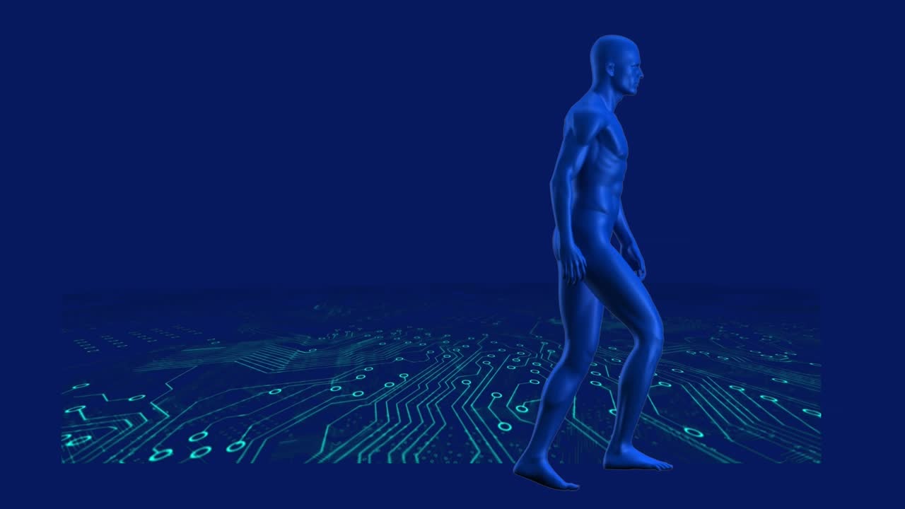 Animation of digital human model over computer circuit board on blue background