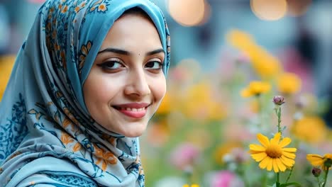 a woman wearing a headscarf standing in a field of flowers