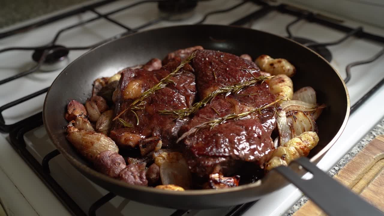 Arrosto di manzo saporito cotto in padella con patate, cipolle e foglie di rosmarino - Inquadratura allargata