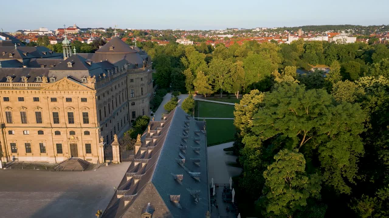 4K Aerial Drone Video of the Palatial Residence Palace and Beautiful Court Garden in Würzburg, Germany