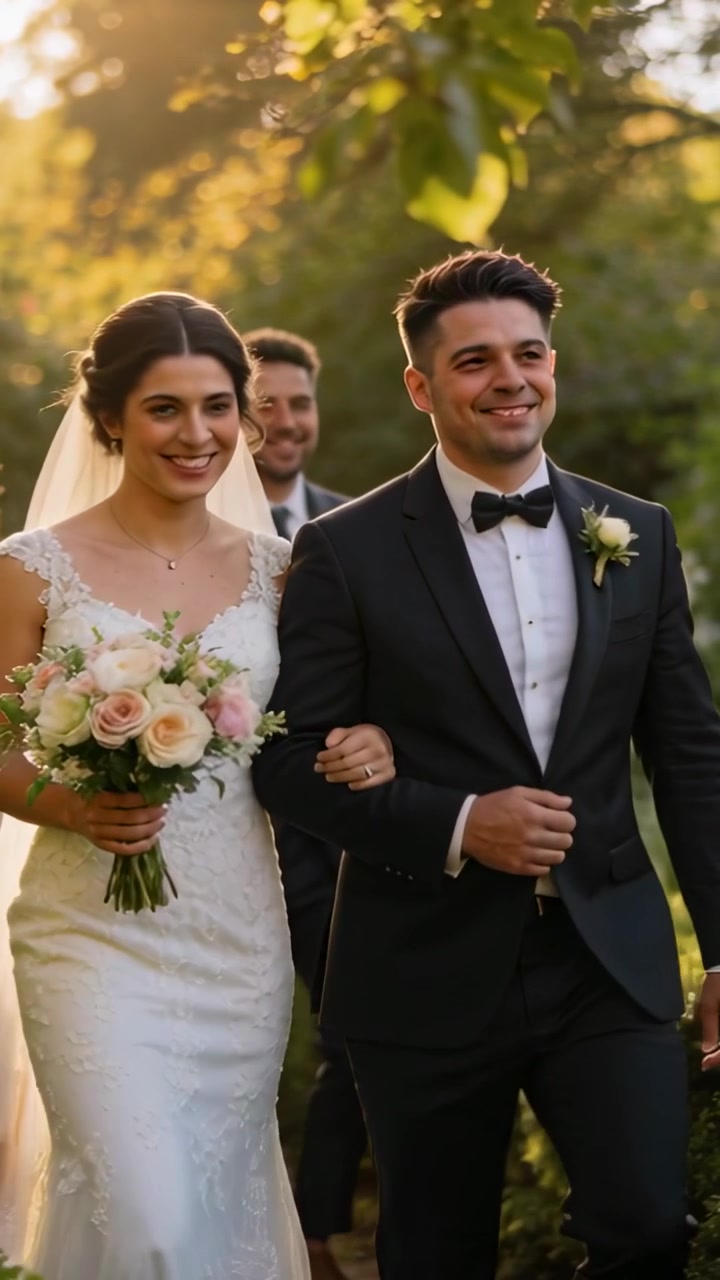 Video vertical: Novia sonriente con vestido y novio con esmoquin caminando por un sendero de jardín, la cámara se acerca, mostrando el ramo.