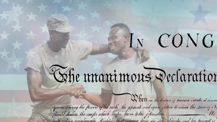 Animation of text and male soldiers over american flag