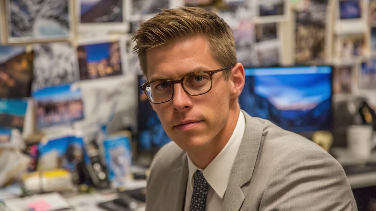 A Professional Portrait of a Young Man in Business Attire, Engaged in Conversation with Focused Expression Amidst an Organized Workspace of Photographs and Screens
