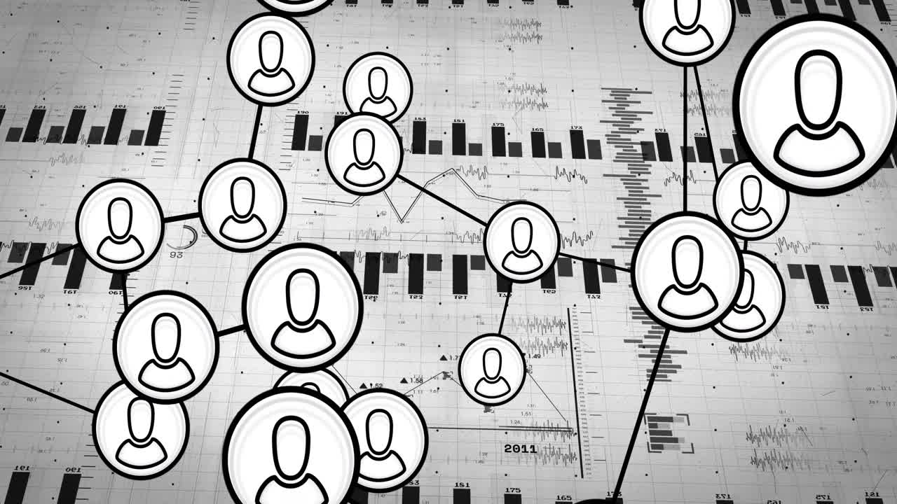 Network of user icons and data charts animation over financial graphs
