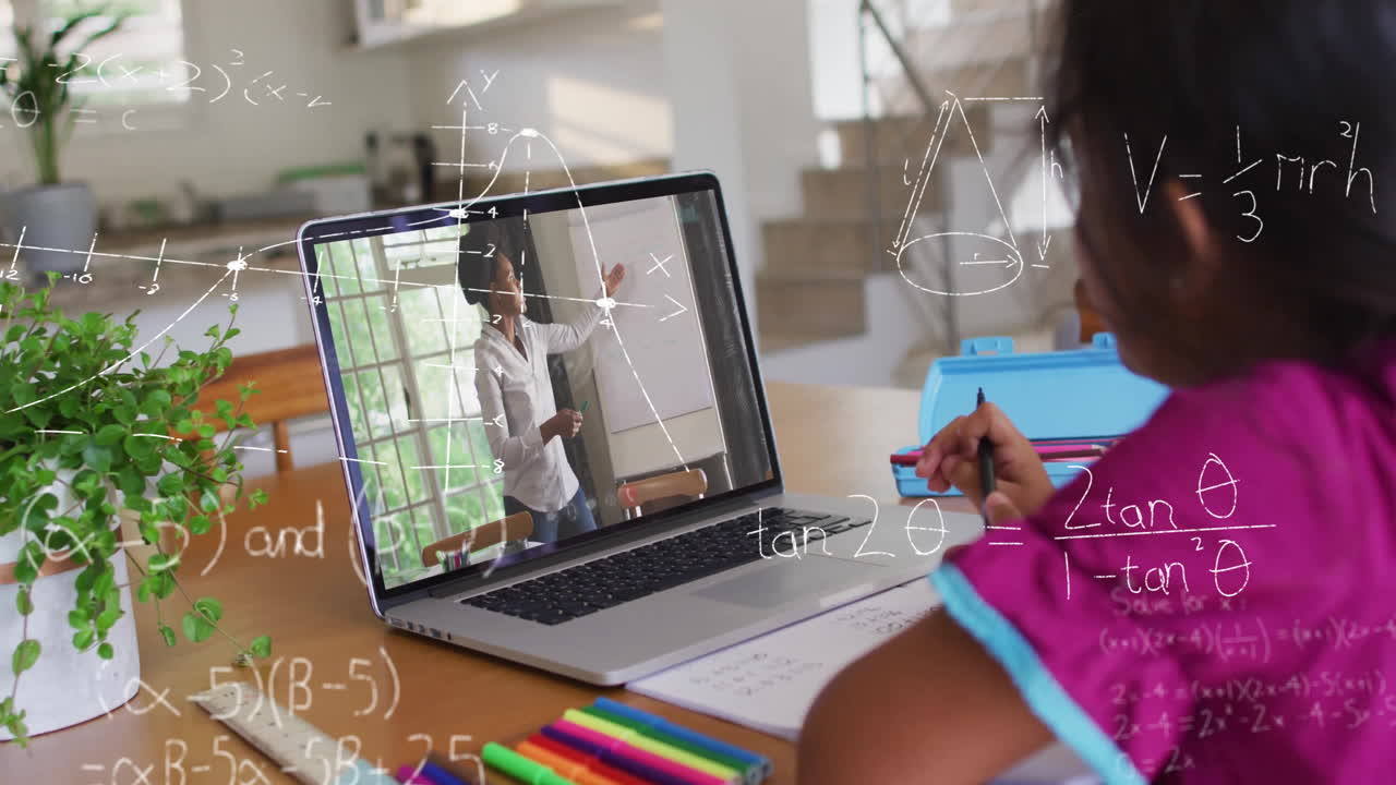 In school, child learning math with teacher on laptop, viewing animation equations