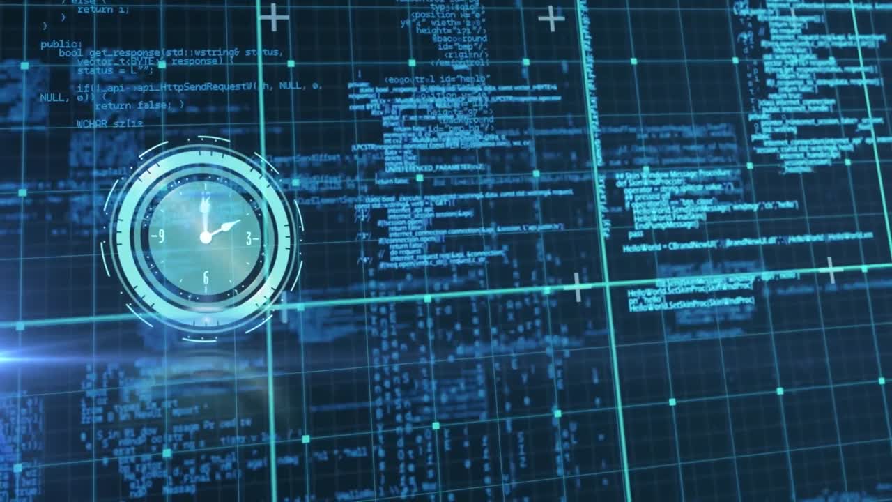 animación de reloj digital sobre patrón de cuadrícula contra el lenguaje informático en un fondo abstracto.