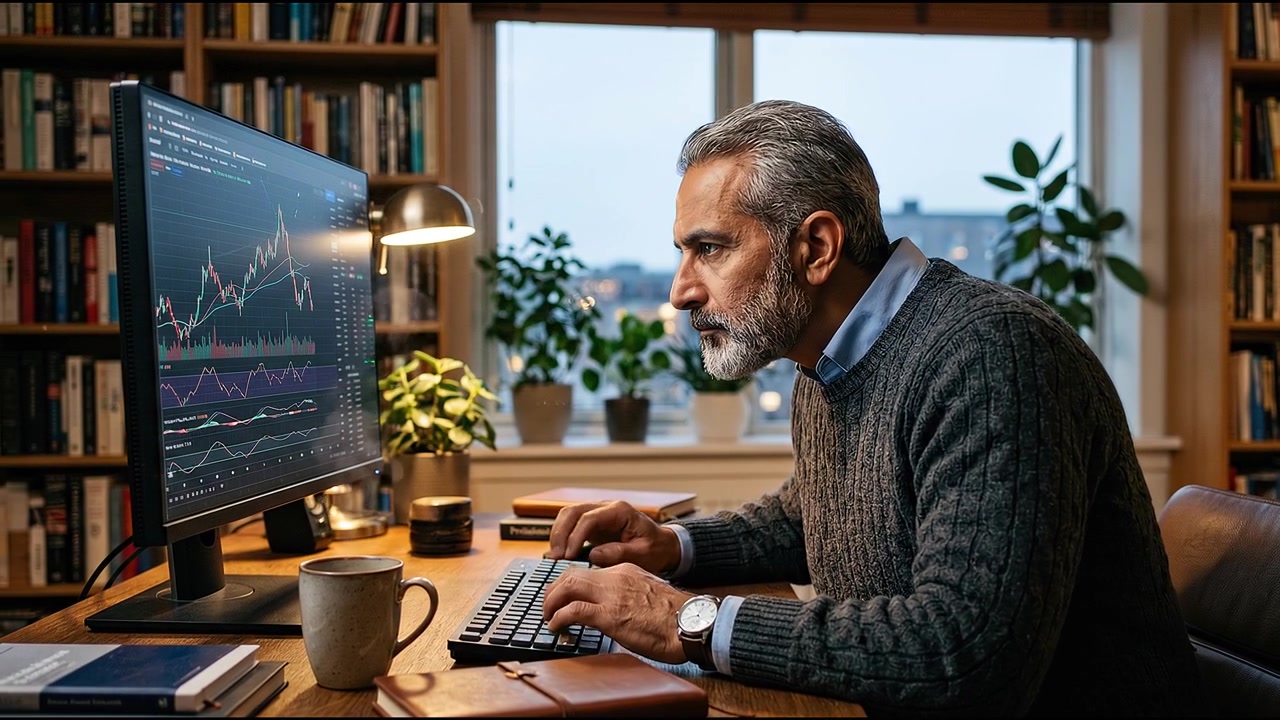 Business professional working at desktop computer with city skyline view from office