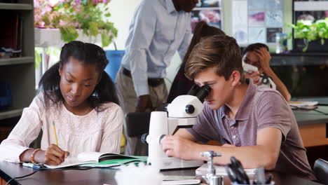 high school students looking through microscope and writing notes in biology class