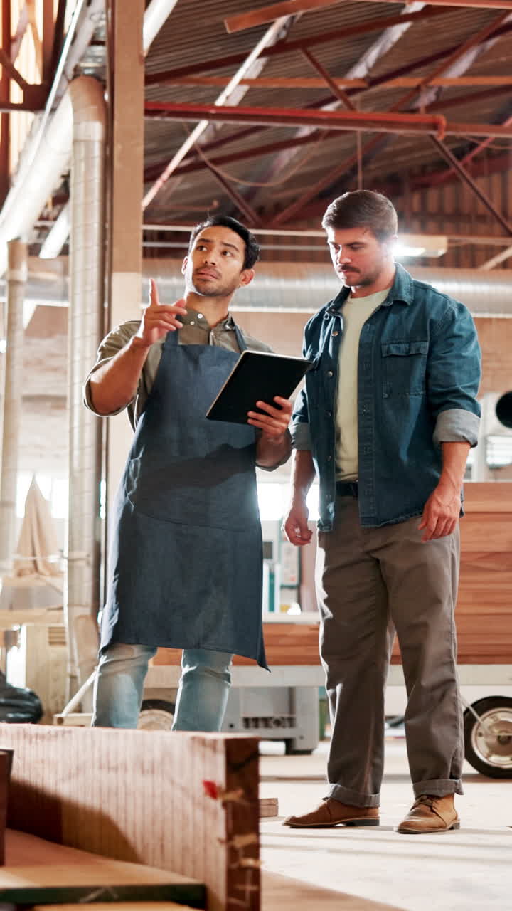 Two Men Discussing Plans on a Tablet in a Woodworking Workshop