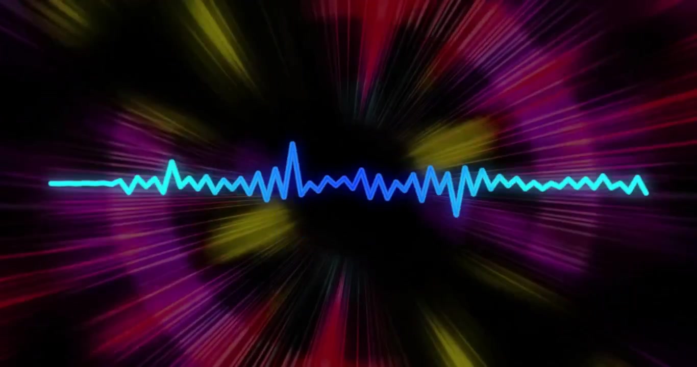 Vertical video: Pulsing cyan-blue waveform reacting to beats on black, with glow, radial streaks