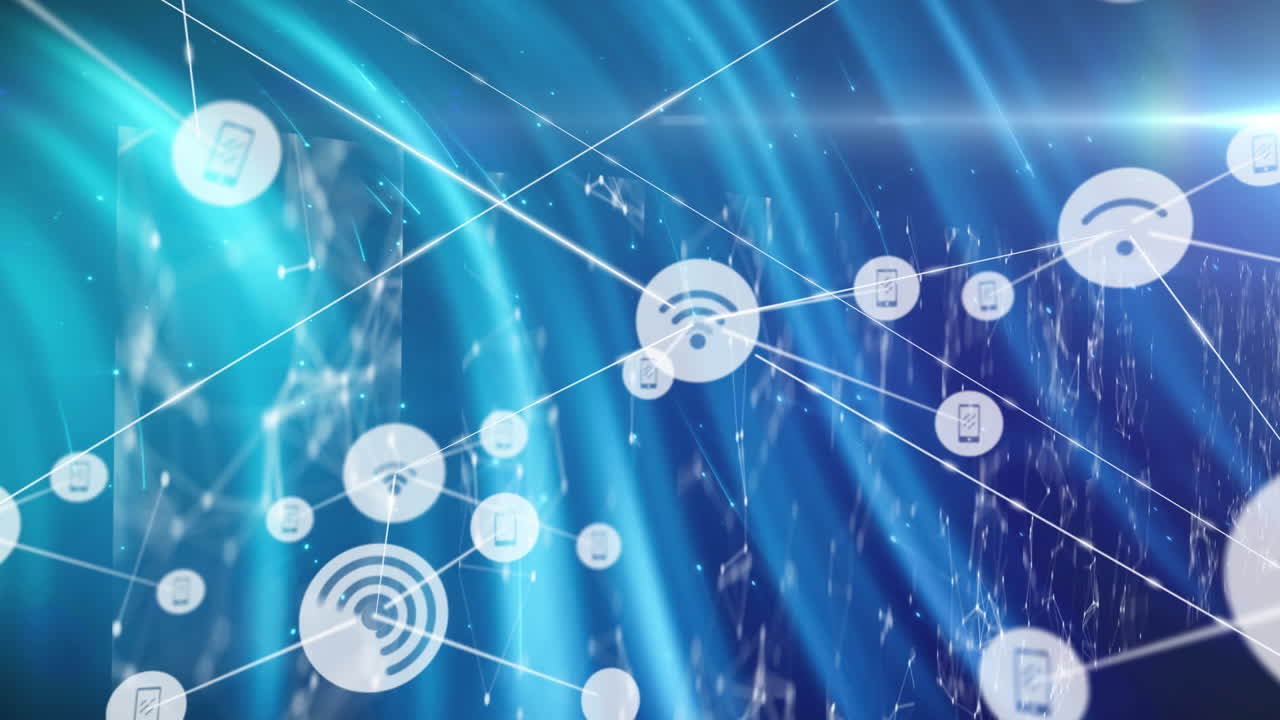 Animation of screens with network of media icons