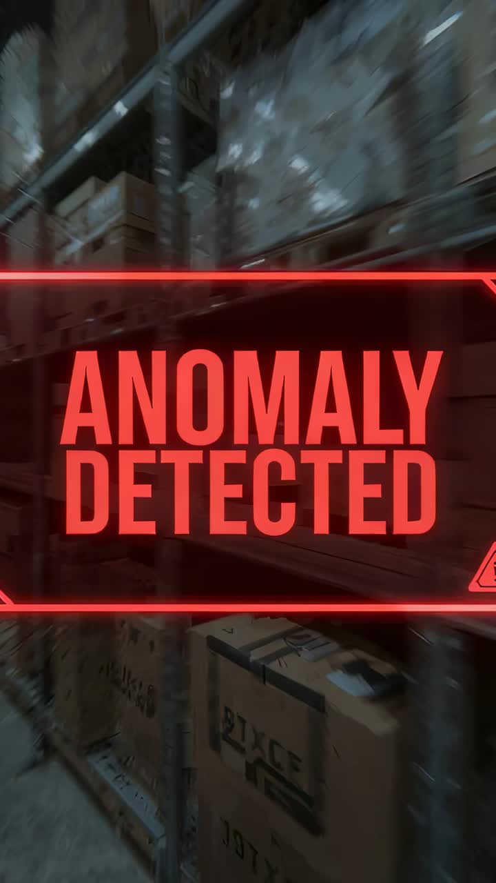 Vertical video: Showing from start red overlay ANOMALY DETECTED as camera moving down storage racks