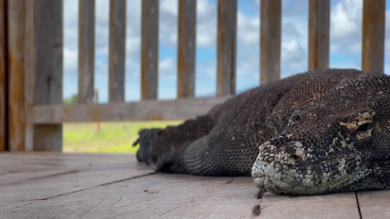 인도네시아 코모도 국립 공원 에서 그늘 에 쉬고 있는 코모도 드래곤 의