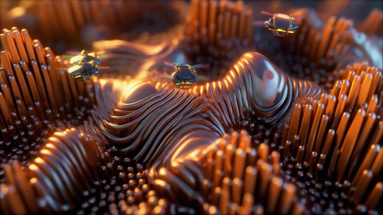 Small Drones Flying Over Abstract Metallic Landscape