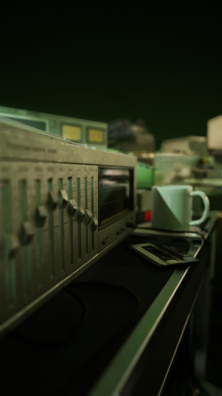 오래된 오디오 서와 녹색 스크린의 카세트 테이프