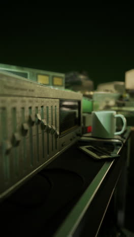 mezclador de audio vintage y cinta de cassette en una pantalla verde