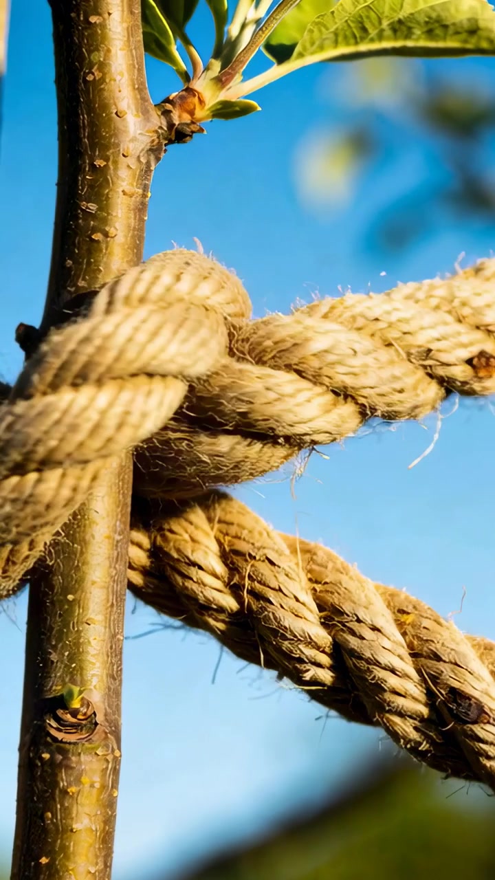 Vertical video: Tirando de una cuerda gruesa que envuelve un árbol joven en el jardín, formando un nudo para soporte.