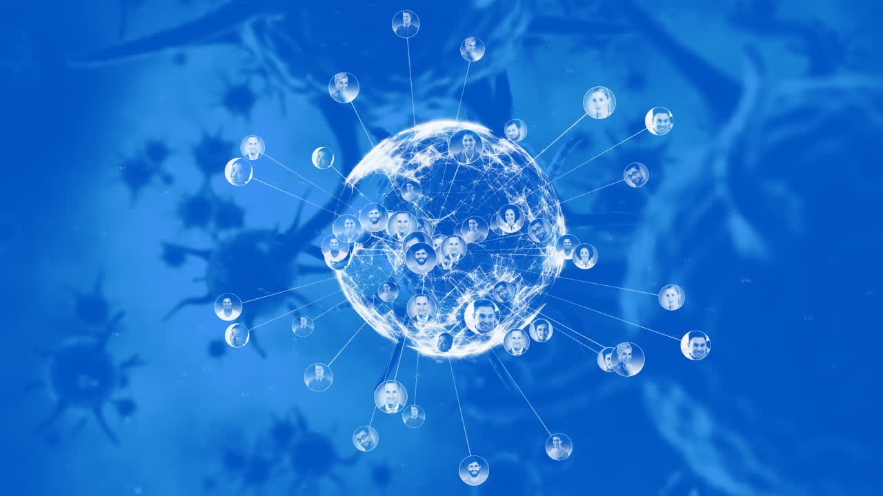 파란색 배경에 있는 여러 코로나19 세포에 대해 회전하는 연결 네트워크의 세계