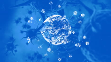 globo de red de conexiones girando contra múltiples células de covid-19 contra un fondo azul