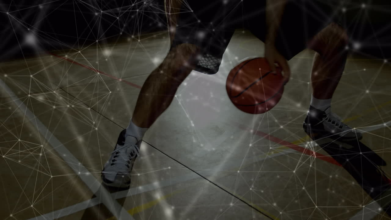 체육관에서 두 인종의 남자 농구 선수에 대한 연결 네트워크의 애니메이션