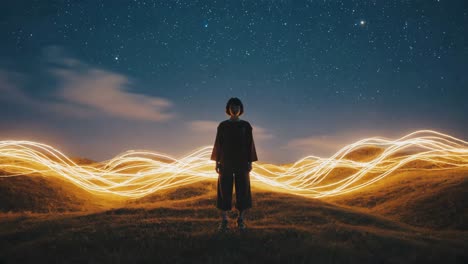 person standing in a field with glowing light trails under a starry night sky