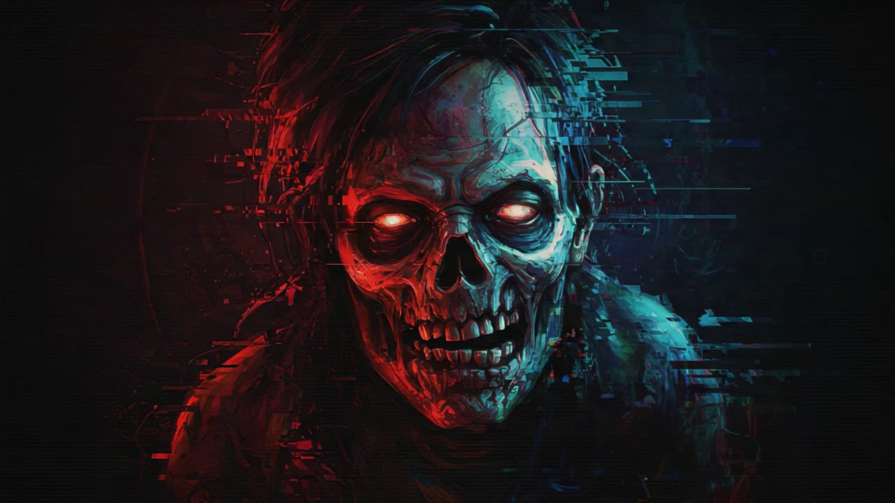 A haunting digital art portrayal of a skeletal figure with glowing red eyes, exuding an eerie and chilling atmosphere, suggesting themes of horror and the supernatural