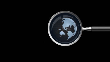 animation of world map and magnifying glass over black background