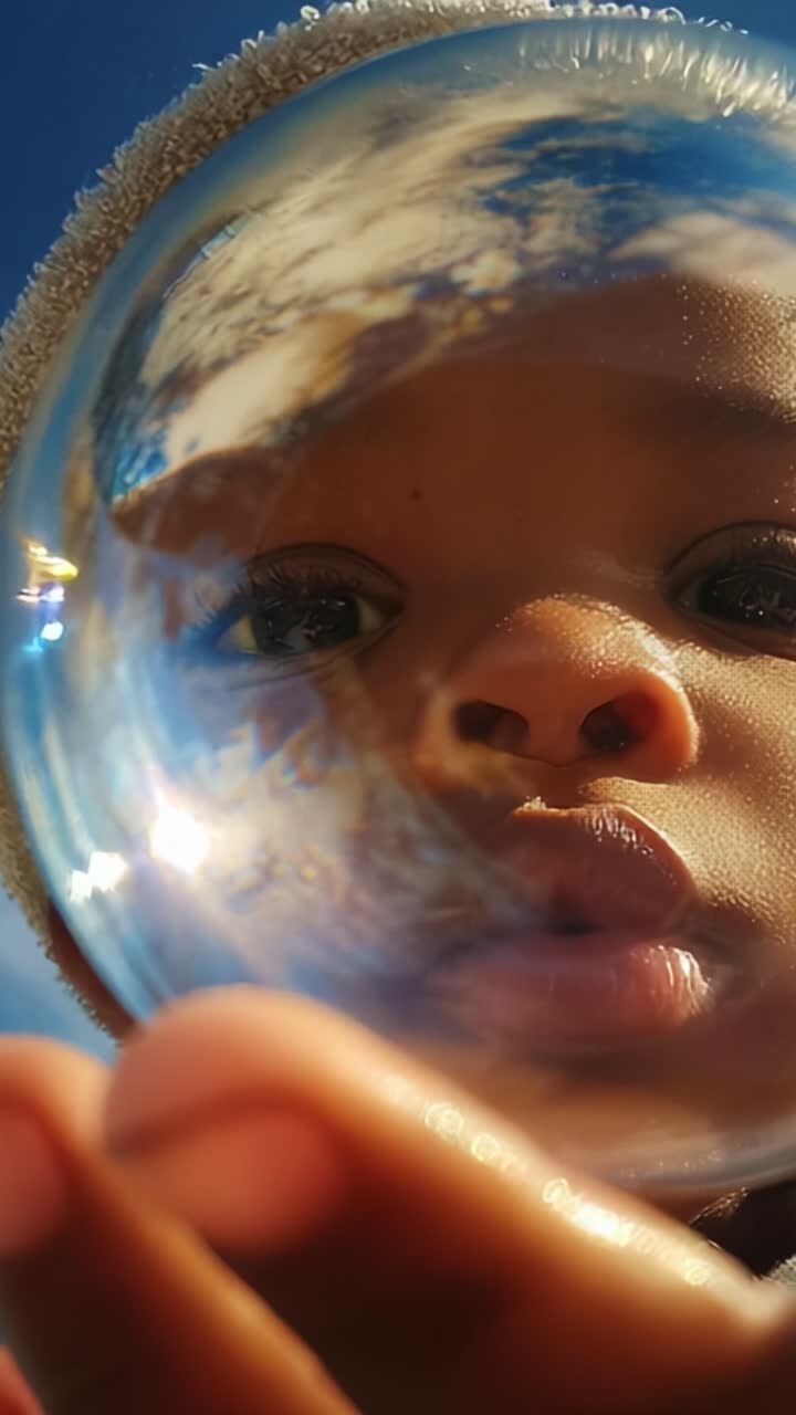 A Child's Curious Gaze: Captivated by a Bubble Reflecting a Beautiful Sky, Exploring Wonder and Imagination in a Playful Moment of Innocence