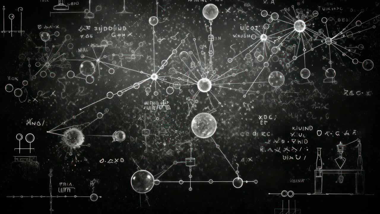 Overhead shot of abstract cosmic patterns on a blackboard, resembling a science video