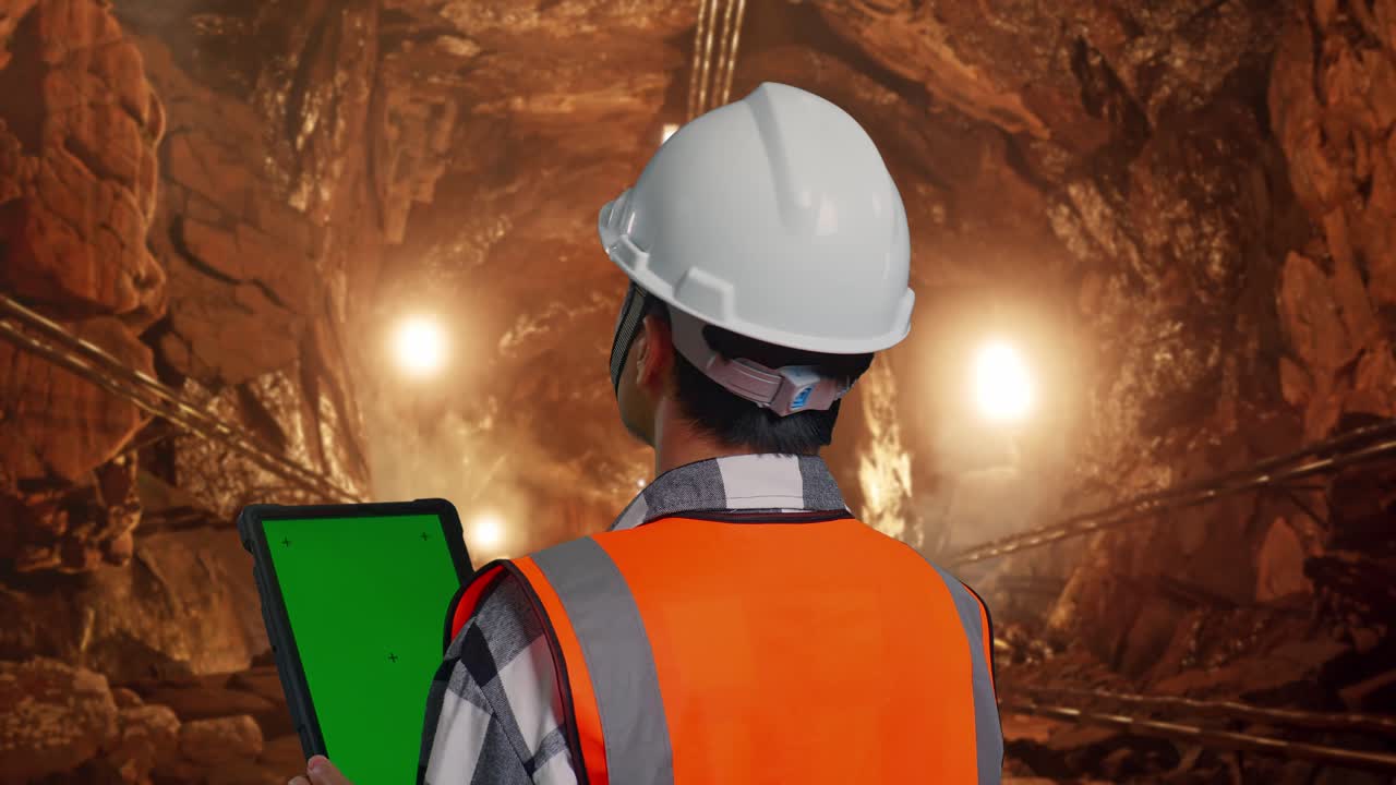Close Up Back View Of Asian Male Engineer With Safety Helmet Working On A Green Screen Tablet And Looking Around While Standing In Underground Mine Tunnel