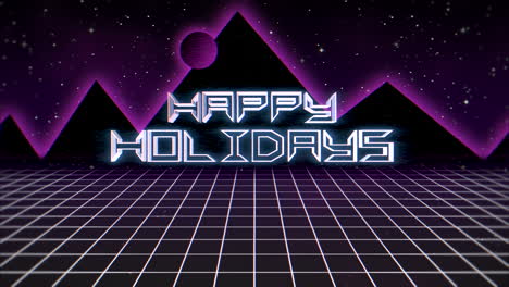 Happy-Holidays-with-retro-grid-and-mountain-in-night-in-80s-style