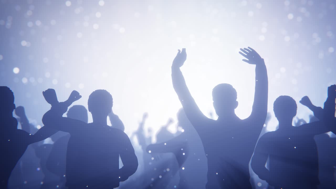 Crowd of People with Raised Hands Celebrating in Bright Light