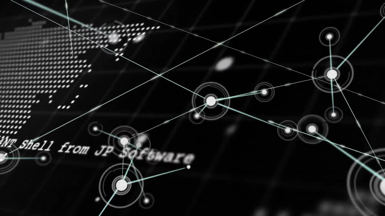 검은색 바탕에 네트워크와 픽셀 글로브를 통해 데이터 처리의 애니메이션