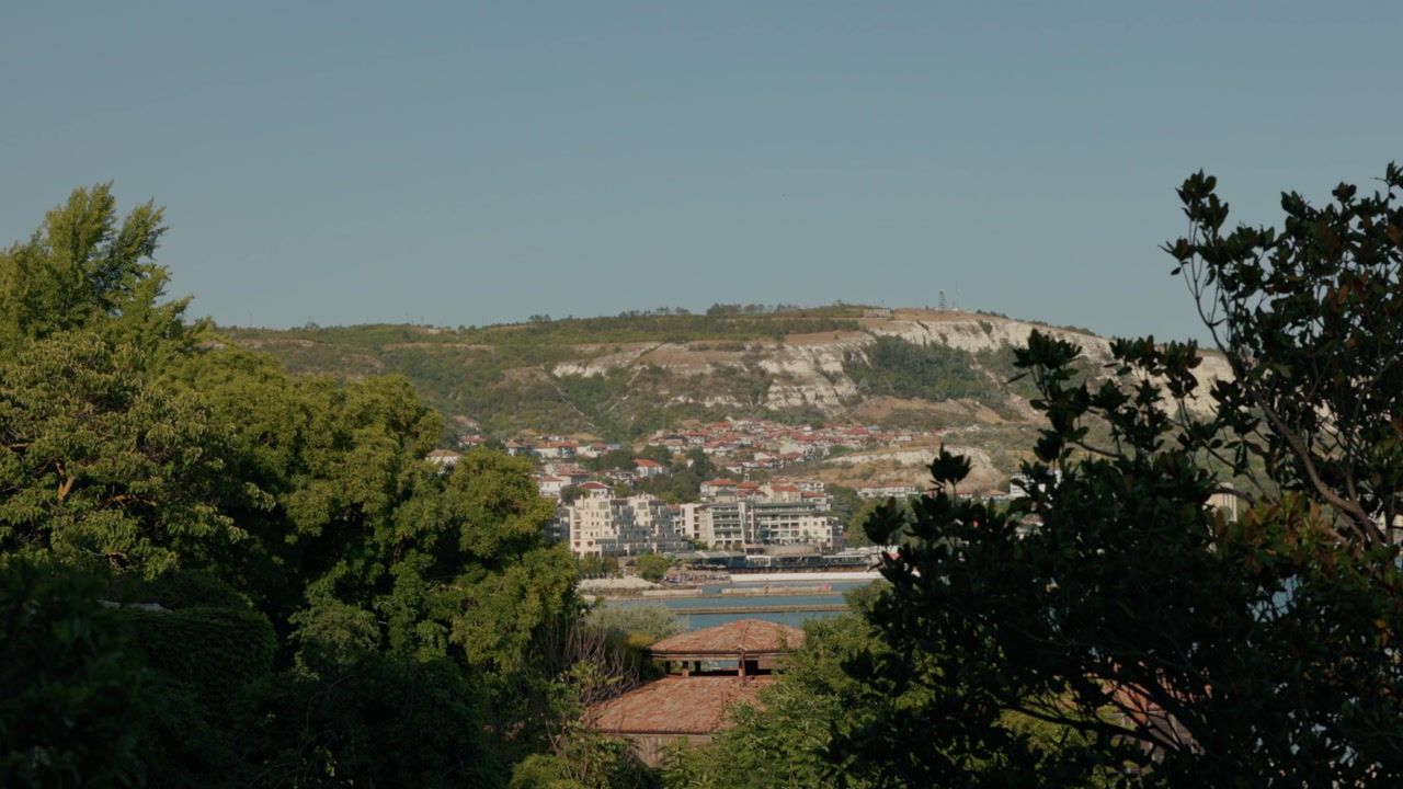 Overlooking The Town And Seaside Resort Of Balchik On Black Sea Coast In Bulgaria. Wide Shot