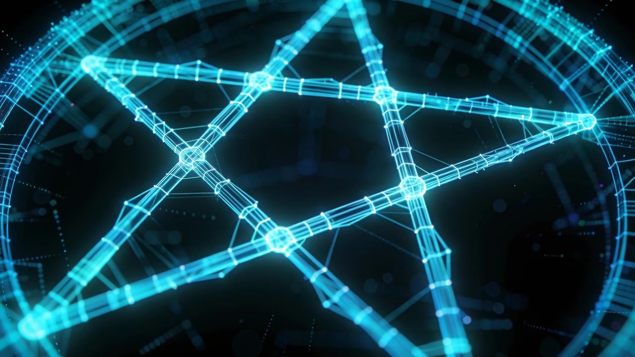 Pentagramma olografico in loop con nodi pulsanti rotanti, la telecamera zooma per mostrare il centro in un vuoto cibernetico con un anello.