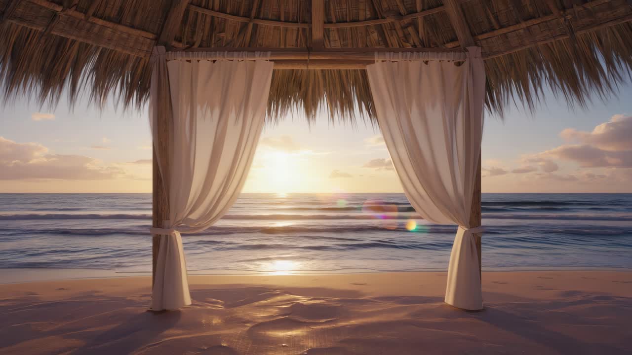 White curtains tied to wooden poles of a gazebo on a sandy beach offer a stunning view of the ocean at sunrise, creating a serene and romantic atmosphere
