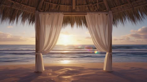 white curtains tied to wooden poles of a gazebo on a sandy beach offer a stunning view of the ocean at sunrise, creating a serene and romantic atmosphere
