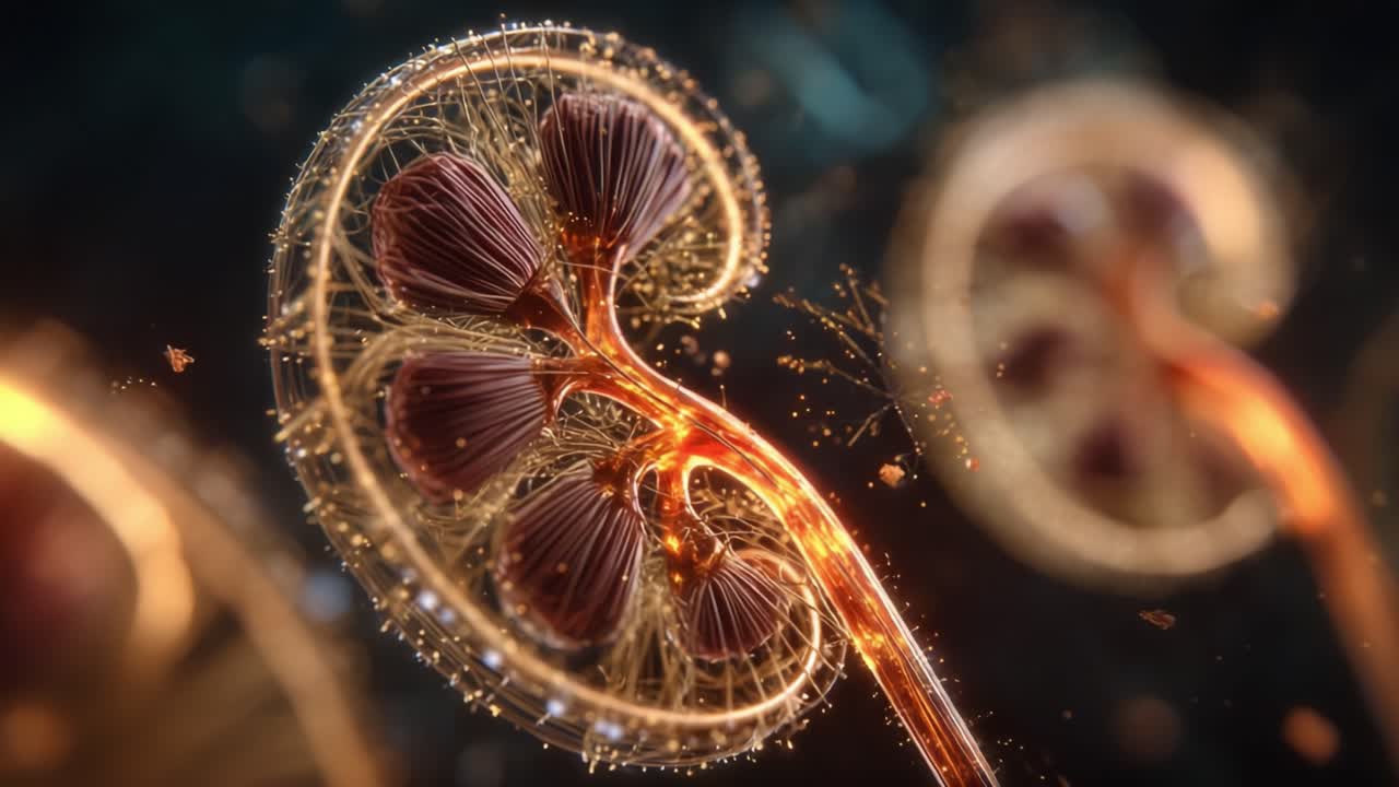 Intricate Visualization of Kidney Structures with Dynamic Lighting and Particles, Highlighting the Complexity of Human Anatomy in Stunning 3D Detail