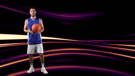 Animation-Eines-Basketballspielers,-Der-Den-Ball-über-Lichtspuren-Hält