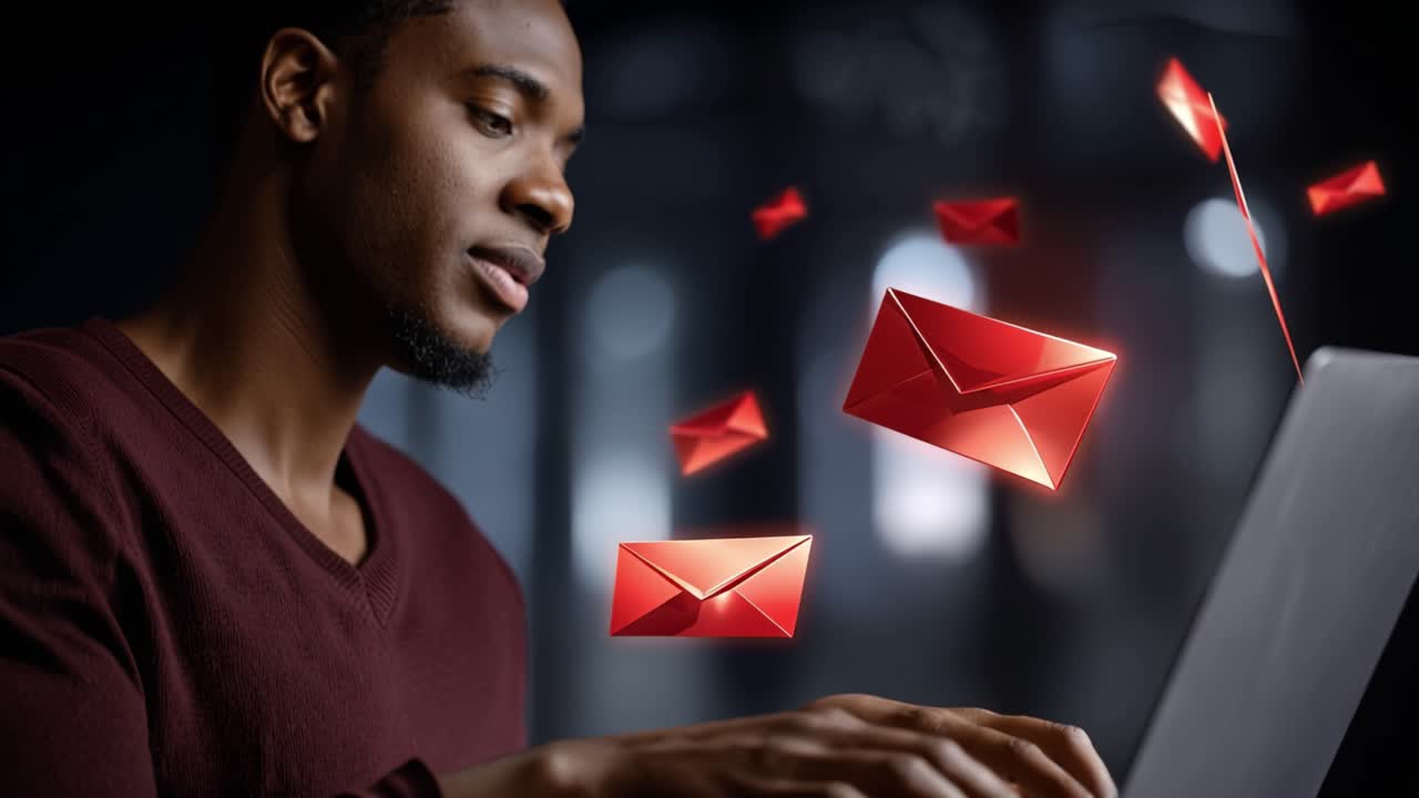 E-mailkommunikation: Interaktion med digital korrespondance, mens røde kuverter svæver over en koncentreret bruger, der skriver på en bærbar computer i et svagt oplyst miljø.