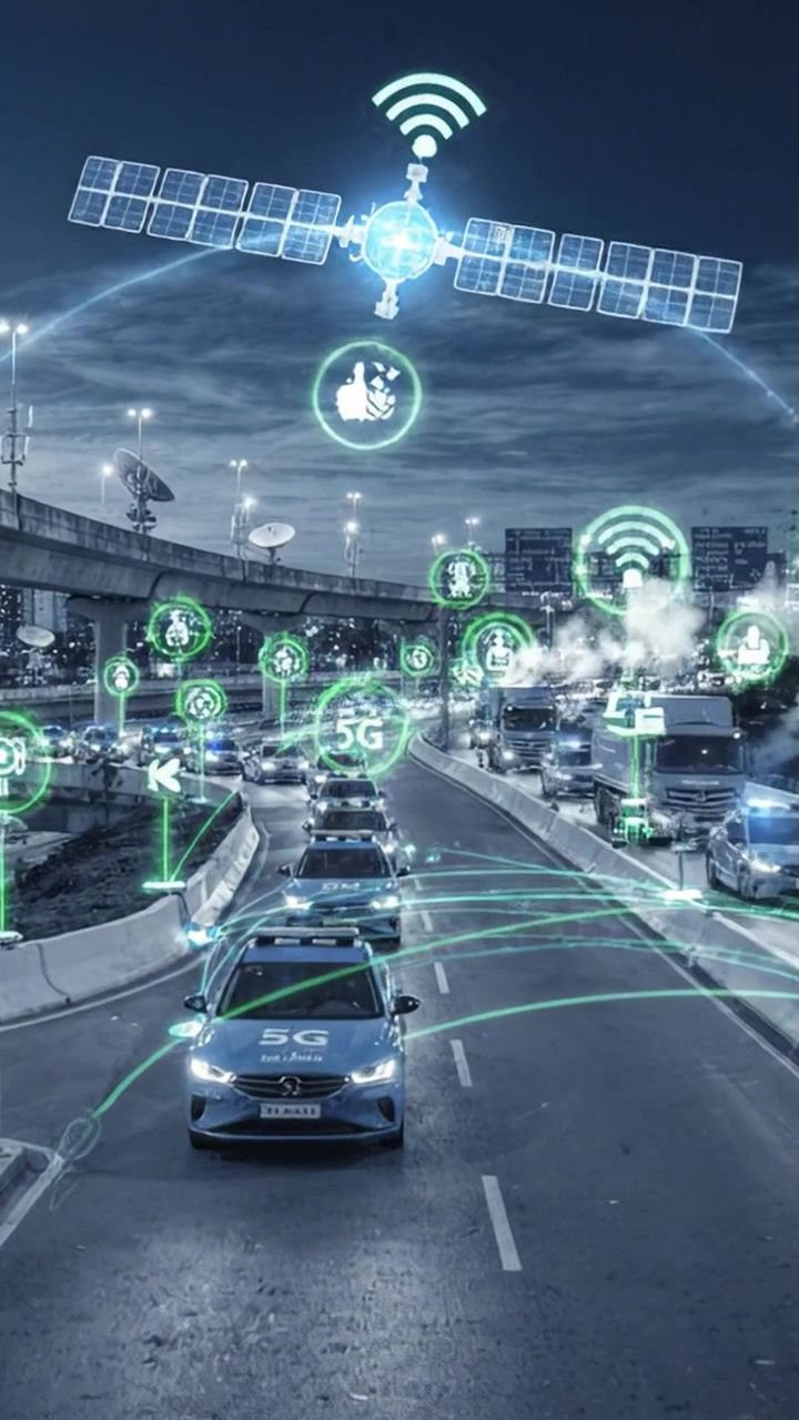 Gestione Moderna del Traffico Urbano con Tecnologia 5G e Veicoli Intelligenti che Migliorano la Connettività su un'Autostrada Trafficata di Notte