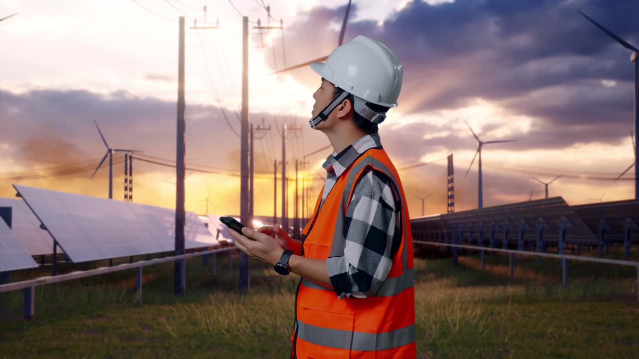 Side View Of Asian Male Engineer With Safety Helmet Using Smartphone And Looking Around While Standing With Solar Panel and Wind Turbines