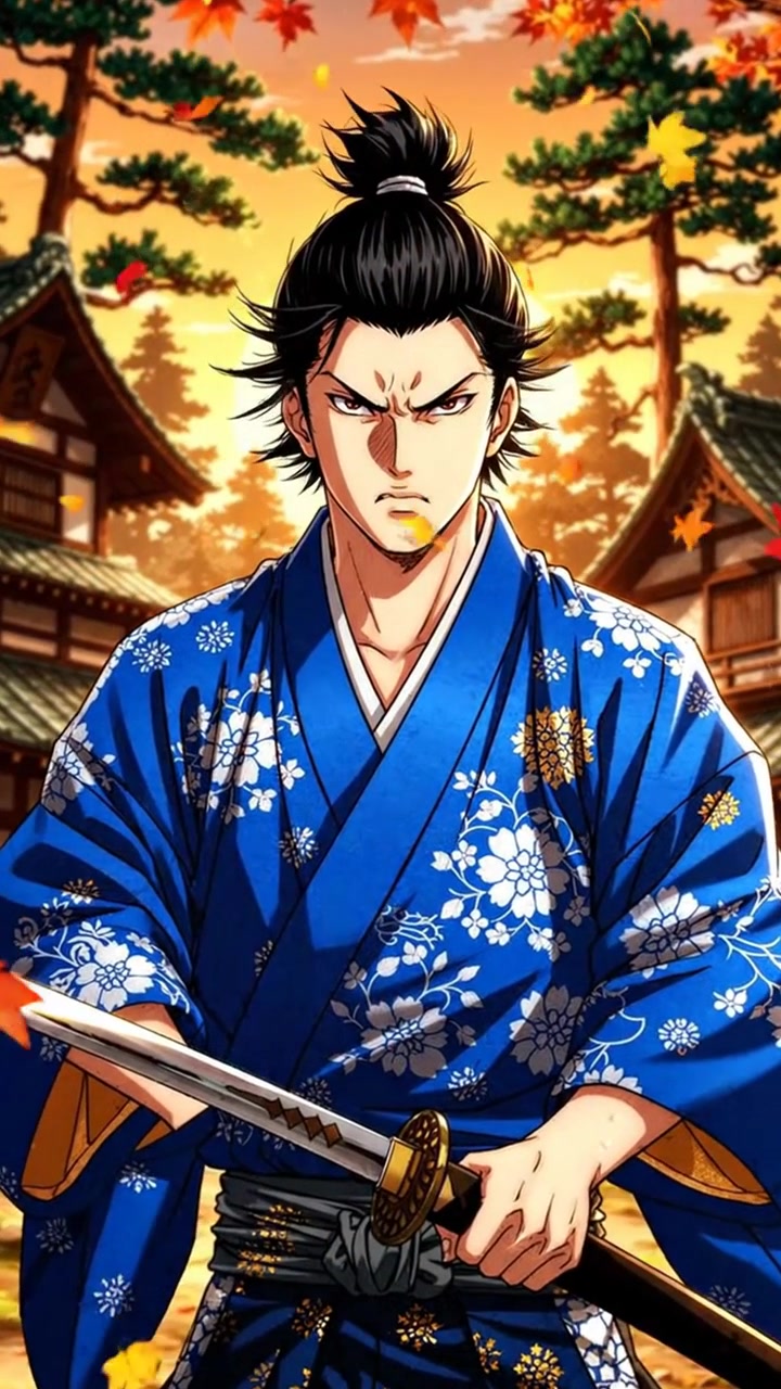 Japanischer Samurai-Krieger mit Katana in einem Herbst-Dorf