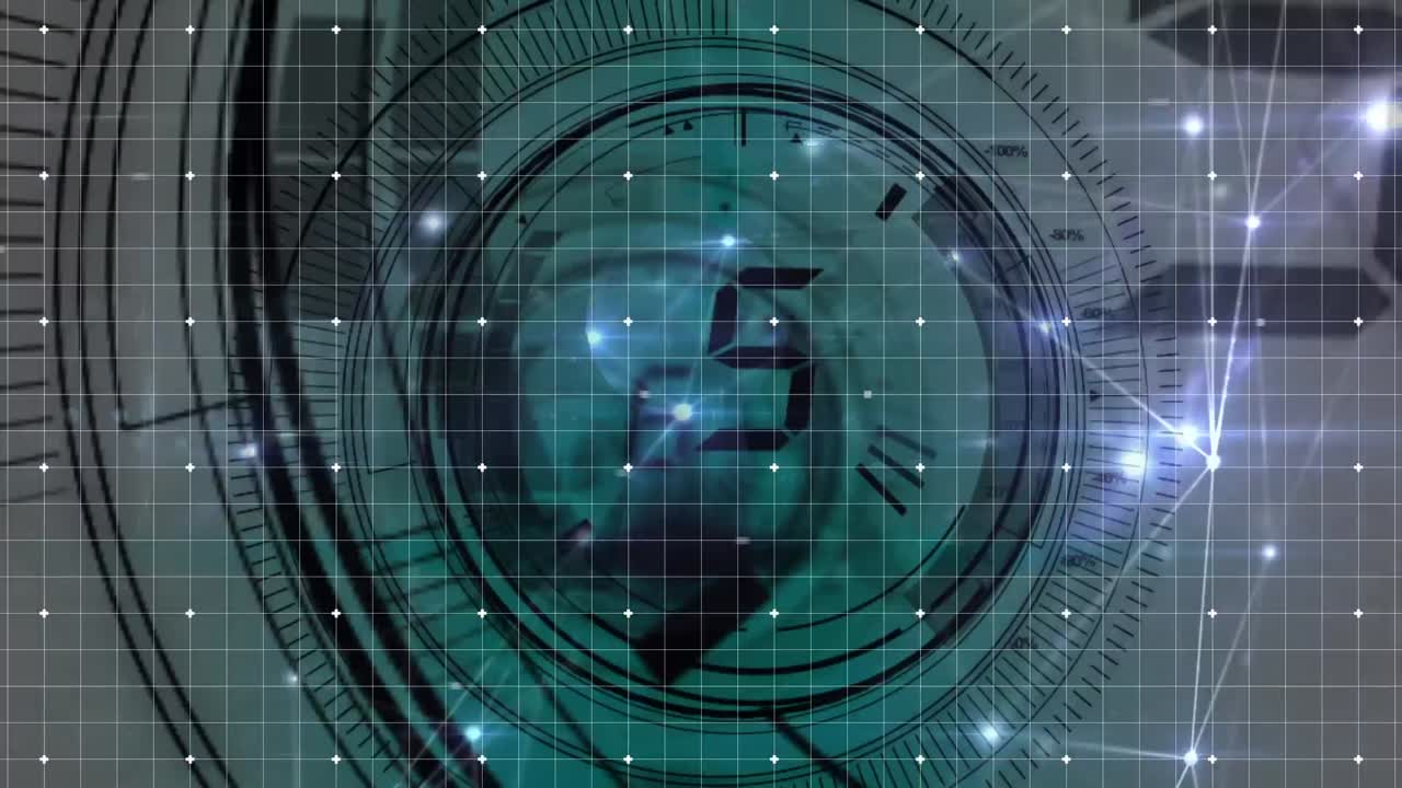 Animation of network of connections and scope scanning with countdown on white background