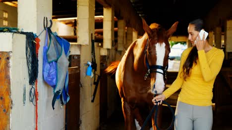 mujer hablando por teléfono móvil mientras sostiene un caballo 4k
