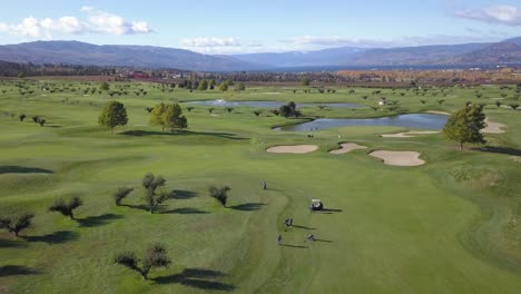 aerial view of golfers on a vibrant green course